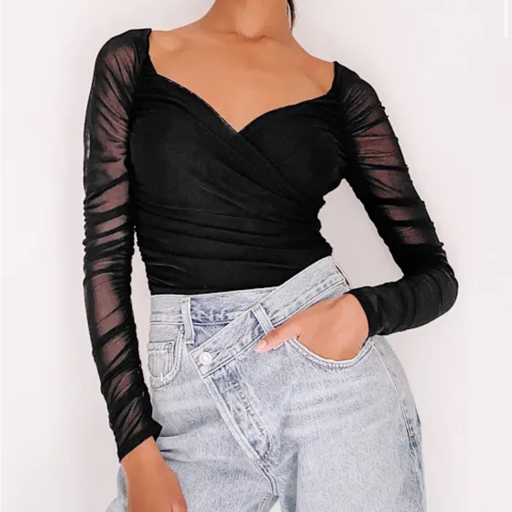 Lulus Intriguing Looks Black Ruched Mesh Long Sleeve Bodysuit - Size XS